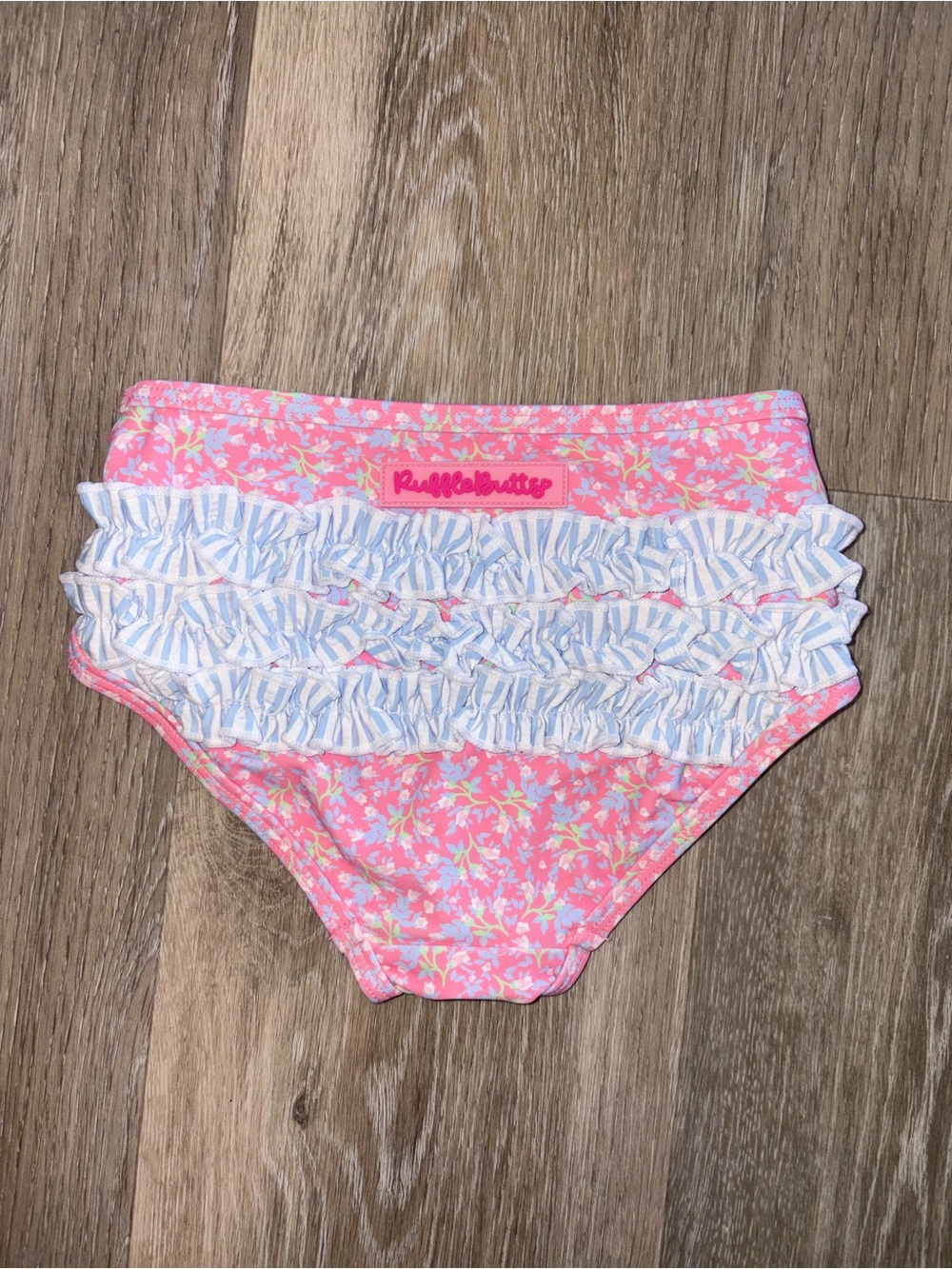 Ruffle Butts Pink Floral Ruffle Swim Bottoms with Blue-White Stripes NWOT size 5